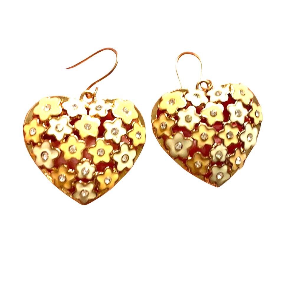 Filigree hearts & flowers pierced earrings tiny pink blossoms gold dangle drops